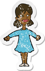 retro distressed sticker of a cartoon woman with open arms
