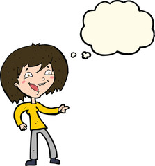 cartoon woman laughing and pointing with thought bubble