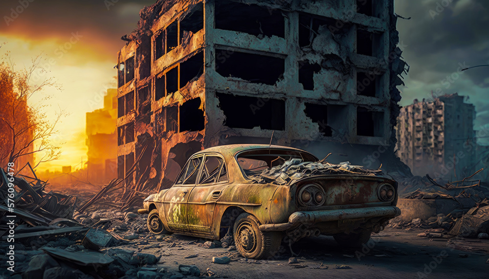 Poster an old car is parked in front of destroyed building generative ai
