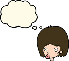 cartoon surprised female face with thought bubble