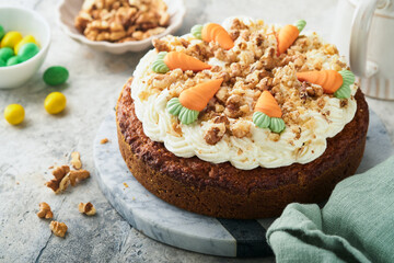 Easter Carrot cake with cream cheese frosting. Delicious carrot cake with walnut and cream cheese...