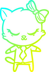 cold gradient line drawing cute cartoon business cat with bow
