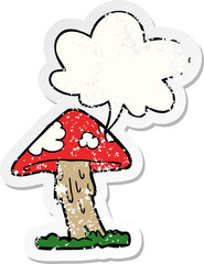 cartoon mushroom and speech bubble distressed sticker