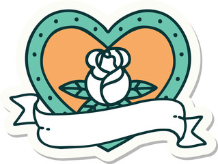 tattoo style sticker of a heart rose and banner