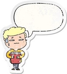 cartoon anxious boy carrying book and speech bubble distressed sticker
