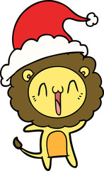 happy line drawing of a lion wearing santa hat