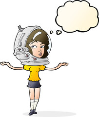 cartoon woman wearing space helmet with thought bubble