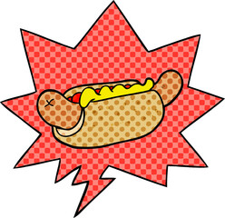 cartoon fresh tasty hot dog and speech bubble in comic book style