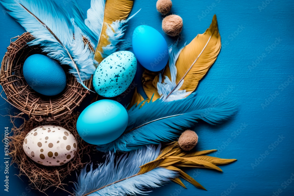 Poster blue background with feathers, eggs and feathers generative ai