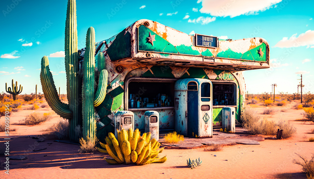 Poster green and white building in the middle of desert generative ai