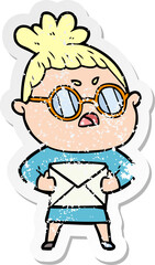 distressed sticker of a cartoon annoyed woman