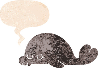 cartoon seal and speech bubble in retro textured style