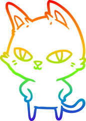 rainbow gradient line drawing cartoon cat with bright eyes