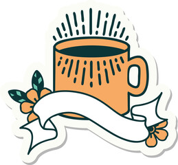 tattoo sticker with banner of cup of coffee