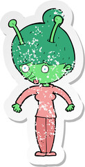 retro distressed sticker of a cartoon alien woman