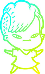 cold gradient line drawing cute cartoon girl with hipster haircut