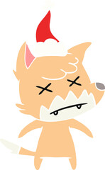 flat color illustration of a dead fox wearing santa hat