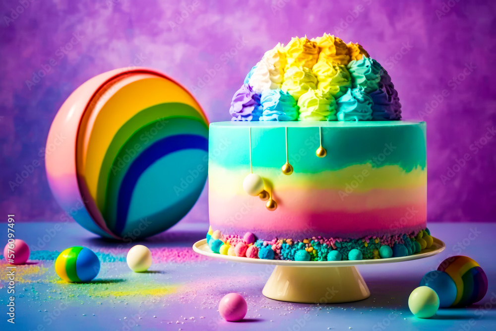 Aufkleber cake with rainbow icing on table generative ai