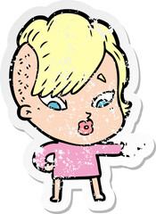 distressed sticker of a cartoon surprised girl pointing
