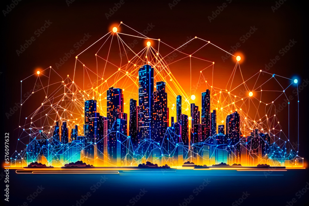 Poster cityscape with lines and dots over it generative ai