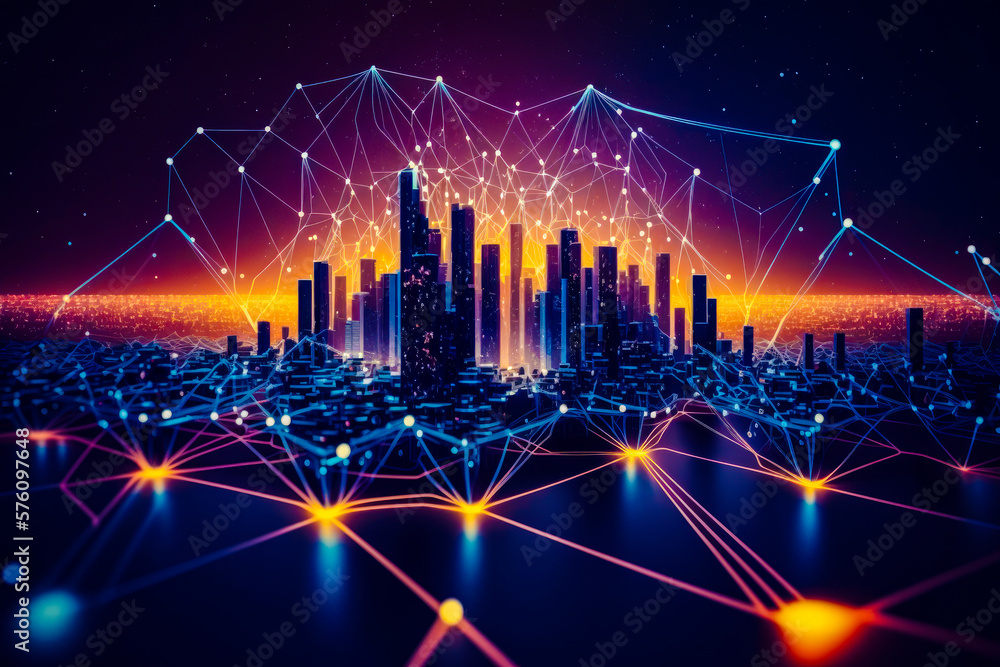Poster city with lines and dots in the sky generative ai
