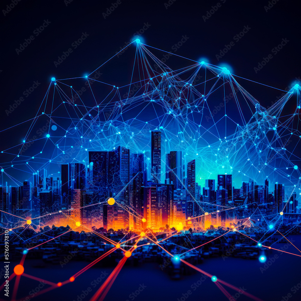 Poster cityscape with lines and dots over it generative ai