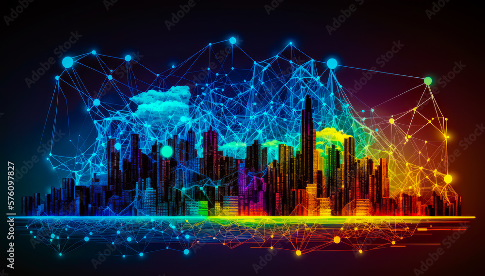 Poster an abstract cityscape with lines and dots generative ai