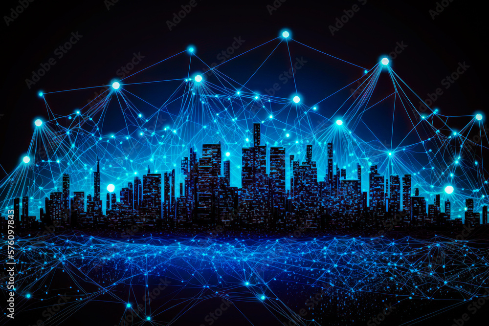 Poster cityscape with connected lines and dots generative ai