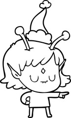 line drawing of a alien girl wearing santa hat