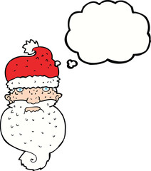 cartoon grim santa face with thought bubble