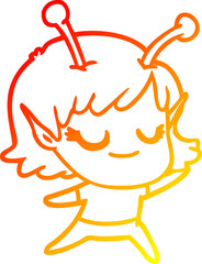 warm gradient line drawing smiling alien girl cartoon