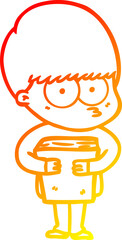 warm gradient line drawing nervous cartoon boy holding book