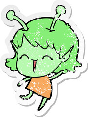 distressed sticker of a cartoon alien girl laughing