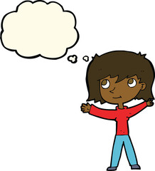 cartoon happy girl with thought bubble