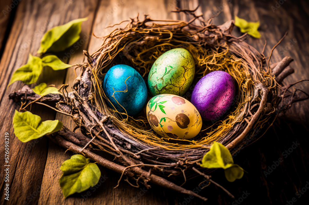 Poster bird nest with three painted eggs in it generative ai