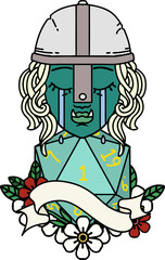 crying orc fighter character face with natural one d20 roll illustration