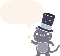cartoon cat wearing top hat and speech bubble in retro style