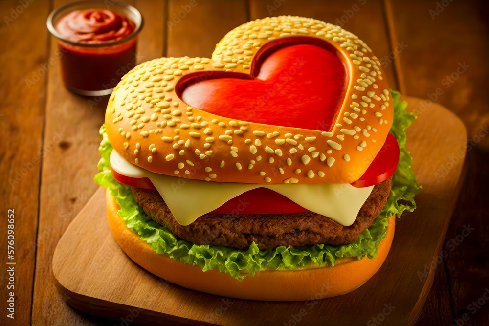 Poster hamburger with heart shaped cheeseburger on it generative ai