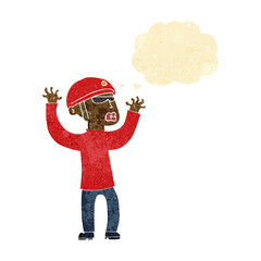 cartoon security man panicking with thought bubble