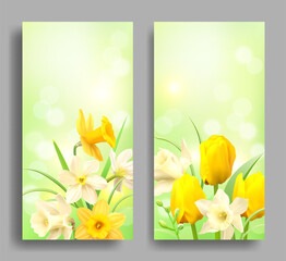 Romantic delicate banners with spring flowers. Template for greeting cards, advertising, invitation. Vector set.