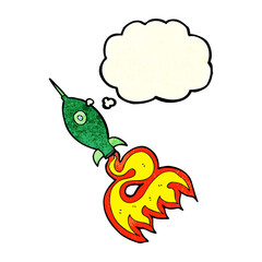 cartoon space rocket with thought bubble