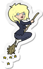 sticker of a cartoon witch riding broomstick