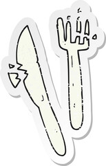 retro distressed sticker of a cartoon cracked plastic cutlery