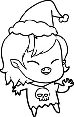 line drawing of a laughing vampire girl wearing santa hat