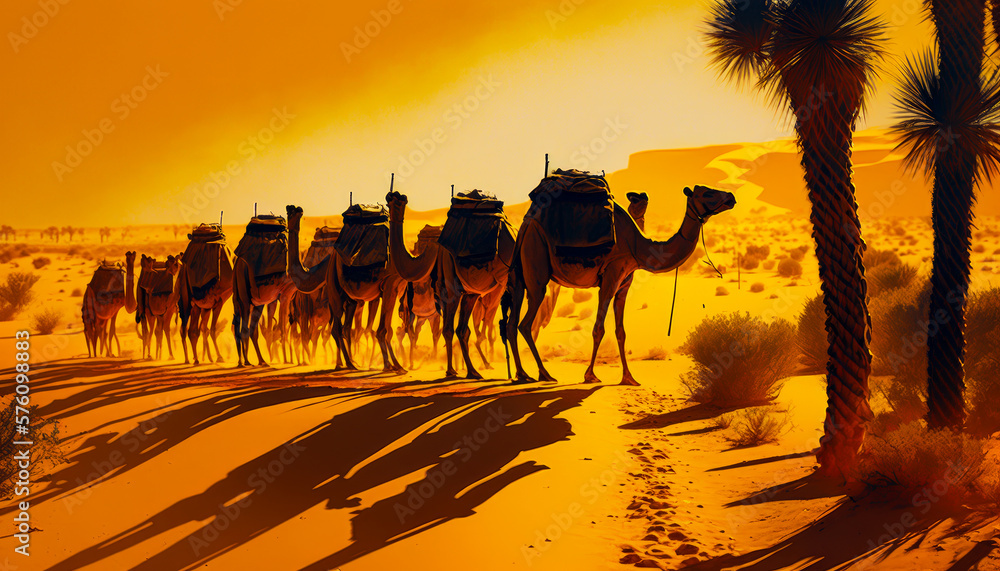 Poster group of camels walking in the desert generative ai