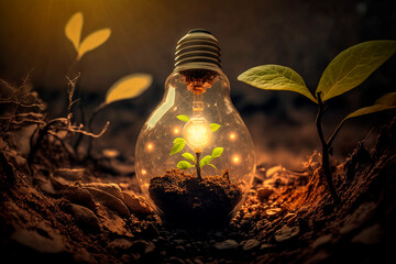 A lightbulb with a little plant in sunlight. Notion of conserving energy in nature. Green Energy Concept. Generative AI