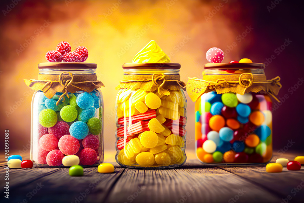 Poster three jars filled with different types of candy generative ai