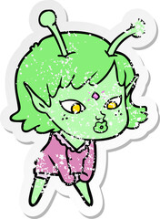 distressed sticker of a pretty cartoon alien girl