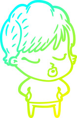 cold gradient line drawing cartoon woman with eyes shut