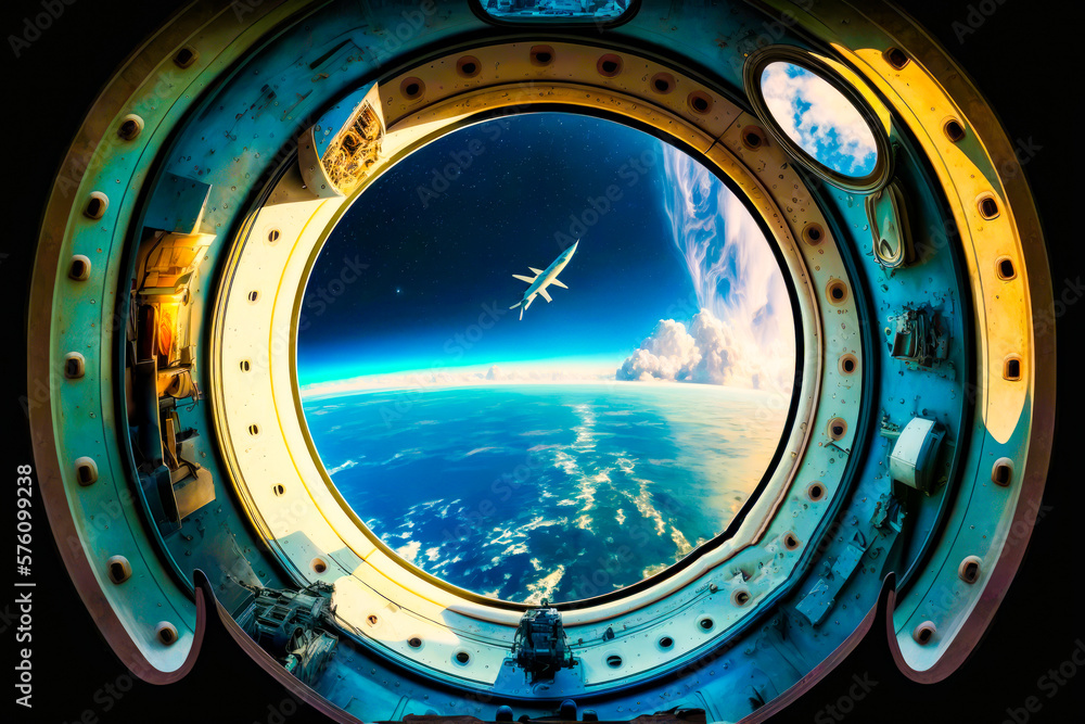 Poster view of the earth through port window generative ai